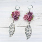 Earrings long dangle pink purple floral roses flowers paisley leaf charm handmade polymer clay gift for her