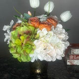 Blushing Pink French Mixed Hydrangeas Artificial Silk/Faux Floral Arrangement in Decorative Ceramic Vase