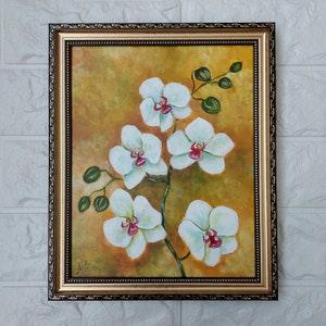 Orchid Painting Original White Flowers Wall Art Framed Small Orchid Artwork Floral Gift for home Ukrainian artist