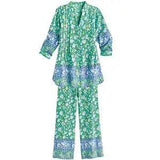 FLORIANA Women's 2 Piece Pajama Set, Teal White Carnations, Tunic & Lounge Pants