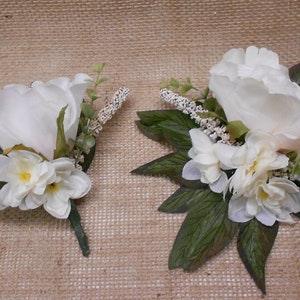 2 Piece Bridal/Wedding Set - Wrist Corsage & Pin Boutonniere - Ivory Peony Rose, Mini ivory Roses, Greenery, Silk Flowers, New