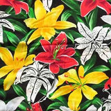 Yellow Red Lily Floral Fabric Black Cotton BTY