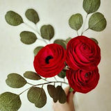 Artificial ranunculus flowers set, Red paper flowers with greenery unique holiday gift for her, Handmade ranunculus flowers with eucalyptus