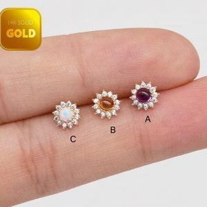 14k Solid Gold Opal Sunflower Stud Earring Citrine Cartilage Stud Amethyst Conch Tragus Earring Dainty Helix Stud Flat Back Earring 20g