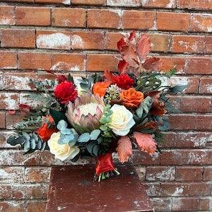 Rustic Protea Bouquet Dried Flowers in Burgundy and Orange | Fall Wedding Silk Bouquet w/ Burgundy Peonies | Unique Dried Flower Arrangement