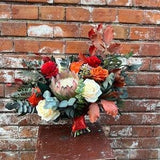 Rustic Protea Bouquet Dried Flowers in Burgundy and Orange | Fall Wedding Silk Bouquet w/ Burgundy Peonies | Unique Dried Flower Arrangement