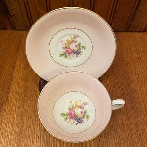 Taylor & Kent Longton Blush Pink Teacup and Saucer, Cabbage Rose Bouquet, Made in England Bone China No 6760