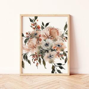 Boho Wall Decor | Neutral White Rust Loose Floral Greenery | Peonies Anemone Wedding Bouquet Physical Art Print | Bohemian Decor | Paperbec