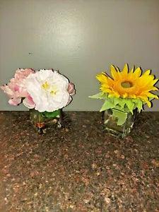 New Growth Silk Florals in Glass Vase with Faux Water Sunflower or Peonies