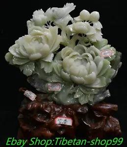 17'' Chinese Natural Xiu Jade Carve Bird Animal Peony Flower Statue ornament