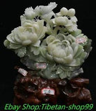 17'' Chinese Natural Xiu Jade Carve Bird Animal Peony Flower Statue ornament