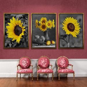 Sunflower Wall Art, Yellow Flower Framed Canvas, Set of 3 Canvas, Yellow Sunflower Canvas, Sunflower Wall Art, Flower Gold Framed Canvas