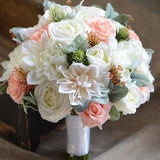 Peach Ivory Bridal Bouquets Real Touch Roses Lambs Ears Silk Dahlia Rustic Country Bridal Bouquets