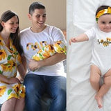 Mom dad baby hospital outfit, matching mommy and me robe and swaddle set girl for maternity, labor and delivery. Sunflower baby onesie.