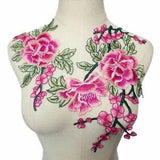 2PCS Peony Flowers Leaves Embroidery Fabric Appliques Pink Sew Patches Trimmings