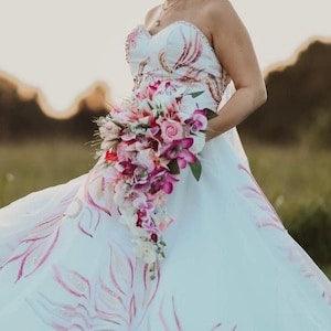 Cascading pink, lavender bridal bouquet set, artificial flowers, tiger lilies,