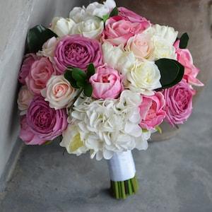 Fuchsia Bridal Bouquet, Cabbage Hot Pink Roses, Peonies, Rustic Wedding Bouquets, Fuax Flowers, Bridal Bouquet Boutonnieres