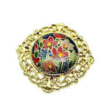 Japan Lucky Brooch Pin Floral Lily Gold Tone Frame Filigree Asian Oriental VTG
