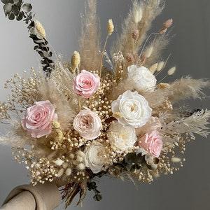 Eternal roses cream & pastel pink baby's breath bridal bouquet / boho wedding flowers