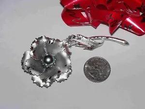 Large Metallic Silver Tone Brooch of Rose Carnation Flower in Bloom; Dew Coated