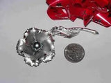 Large Metallic Silver Tone Brooch of Rose Carnation Flower in Bloom; Dew Coated
