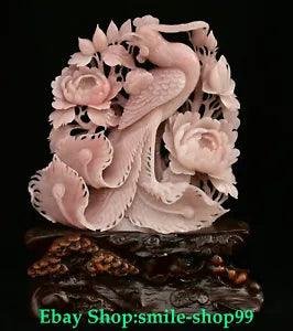 17.3" Chinese Natural Pink Xiu Jade Fengshui Phoenix Flower Peony Animal Statue