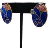 Cloisonne Earrings Floral Pierced Enameled Lily Gold Tone Large Oval Vintage 90s