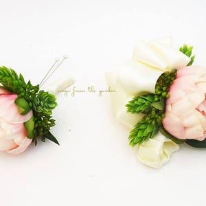 Pink Peony Boutonniere or Corsage - Hops & Eucalyptus Accents -  Groom Groomsmen or Fathers' Boutonnieres Wedding Prom Homecoming Corsage