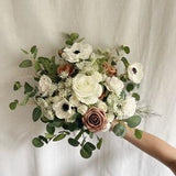 Faux bridal bouquet with anemones and beige flowers, white and beige bouquet, white fake bouquet, anemones bouquets, white Boutonniere