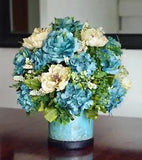 Silk Arrangement of Blue Roses, Hydrangeas & Ivory Lilacs in Blue Stoneware Vase