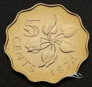 Swaziland Eswatini 5 cents coin 1974 Proof. KM #9. Arum lily. Flowers. Plants
