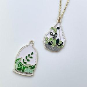 Terrarium Potted Plant Charm Pendant Necklace, Gold Plated Stainless Steel Cable Chain