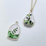 Terrarium Potted Plant Charm Pendant Necklace, Gold Plated Stainless Steel Cable Chain