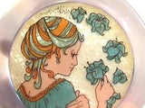 RARE 1960's LEA STEIN SERIGRAPH PIN BROOCH ROUND w LADY & LILLIES GREAT COLORS