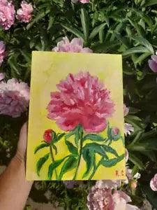 pink peony oil painting, flower oil painting original, peonies small picture
