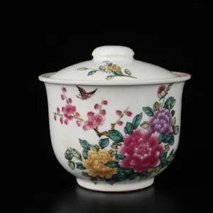 4.7" Chinese Jingdezhen Famille Rose Porcelain Animal Butterfly Peony Flower Cup
