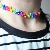 Rainbow Seed Bead Necklace Flower LGBT PRIDE GAY Floral design handmade Bisexual Lesbian Nonbinary Vibrant Colorful Bright fun vivid gift
