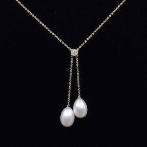 Gold Necklace with Pearl & Diamond: 18k Solid Gold Necklace with 9x13mm Pear Shape White Cultural Pearl and Natural Diamond, Jewelry for Her