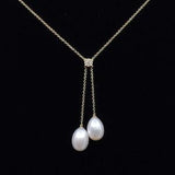 Gold Necklace with Pearl & Diamond: 18k Solid Gold Necklace with 9x13mm Pear Shape White Cultural Pearl and Natural Diamond, Jewelry for Her