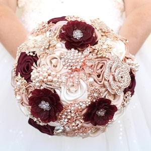 Burgundy rose gold brooch bouquet. Wine and champagne wedding bouquet