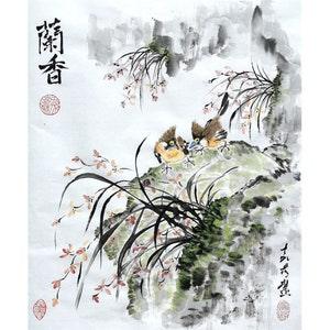 Original Chinese painting / Sumi-e painting / water-ink painting / Orchid and Birds /16" x 20" /40cm x 50cm