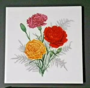 Carnation Flower Tile Trivet Hot Plate Hand Painted Tiles of New York City