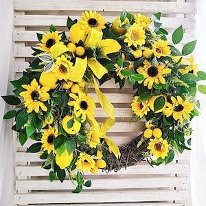 Lemon Sunflower Spring Summer Floral Yellow Farmhouse Everyday Seasonal Outdoor Outside Porch Front Door Decor Wreath