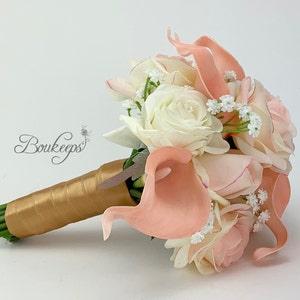 CHOOSE RIBBON COLOR - Blush Rose, Ivory Rose, Babys Breath, Blush Calla Lily, Bridesmaid Bouquet, Bridal Bouquet, Wedding Bouquet, Gold