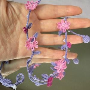 Handcrafted lavender and pink thread crochet floral vines necklace with pearl-white seed beads - Shimade Jewelry