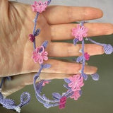 Handcrafted lavender and pink thread crochet floral vines necklace with pearl-white seed beads - Shimade Jewelry
