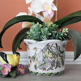 Cachepot Planter Vintage Jardini????re Round Cache Pot Scallop Rim Flowerpot Vase Asian Ceramic Floral Birds Flowers Berries, Bees Butterflies