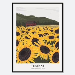 Sunflower Field Tuscany Italy Colorful  Boho Art Print | Abstract Landscape Illustration, Flowers Print, Floral Print, Travel Poster #TA02