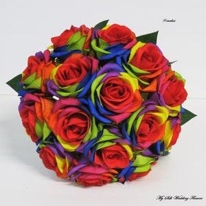 Rainbow Wedding Bouquet, Rainbow Bouquet, Rainbow Rose, Rainbow Rose Boutonniere, Multi Color Rose, choose you ribbon.