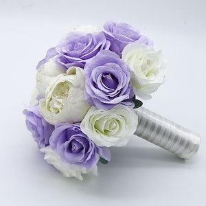 Wedding Bouquet Lilac Lavender Ivory,  Bridal Bouquet Artificial Silk Flowers, Wedding Flowers Bridesmaids Bouquets Boutonnieres corsages